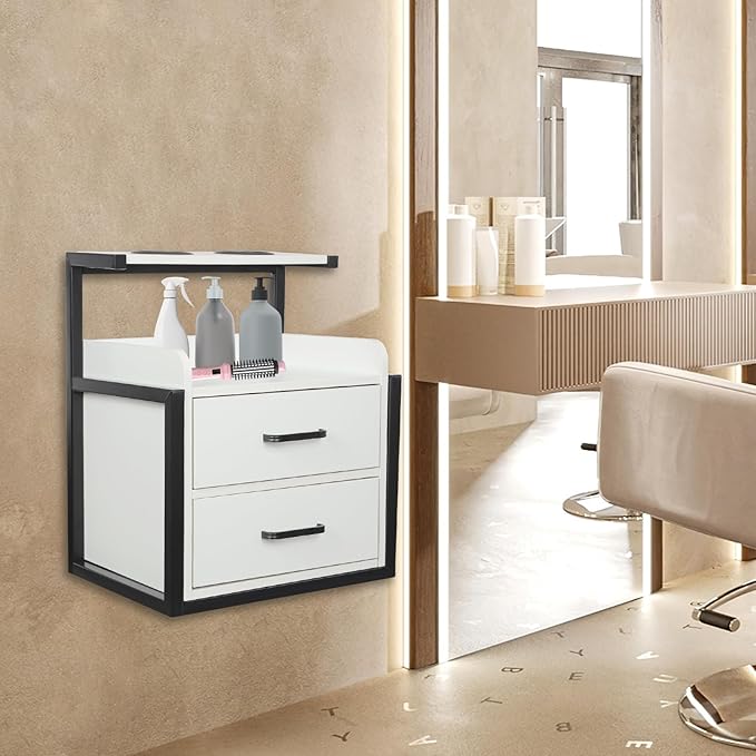 Suspended Salon Wall Cabinet with 2 Drawers & Hair Dryer Holder, Storage Cabinet for Hair Salon, Wall Mounted Styling Station, 15.75'' Wide Storage for Hair Salons, Spas, Home Use (White)