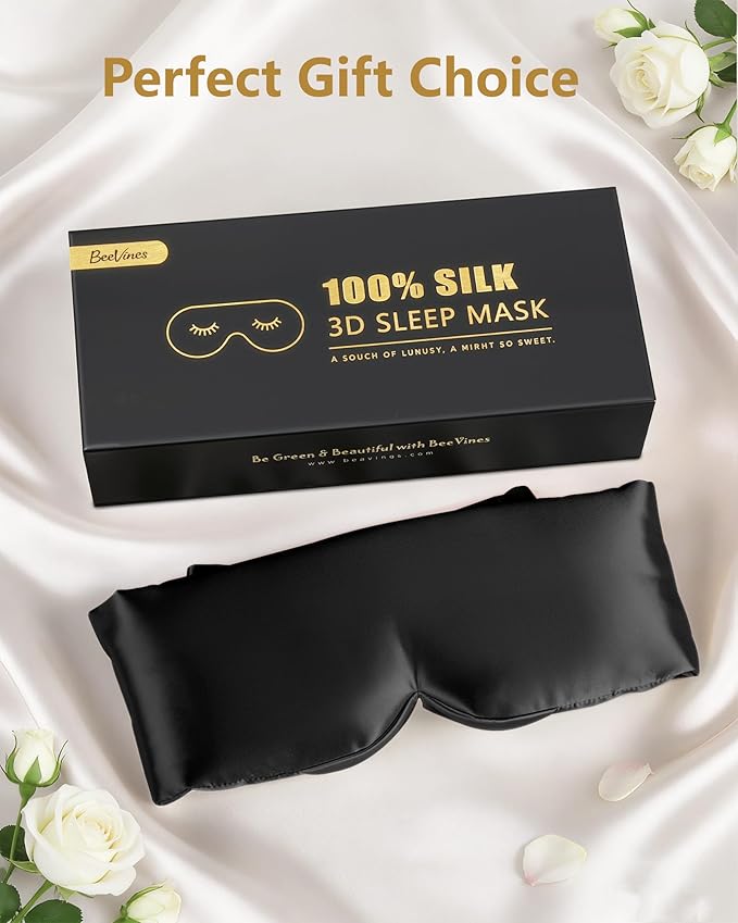 BeeVines Pure Silk 3D Sleep Mask for Women & Men, Luxury 100% 22 Momme Mulberry Silk 3D Contoured Eye Mask for Lash Extensions, Zero Eye Pressure & Blackout for Sleeping, with Adjustable Band (Black)
