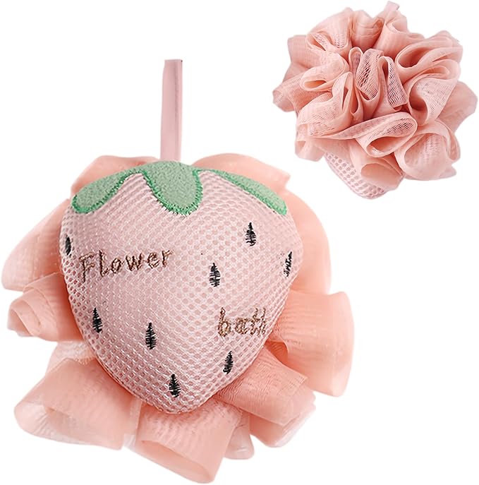 Kids Loofah, Cute Cartoon Animal Kids Bath Sponge with Hanging Rope, Soft Double Mesh for Rich Lather (Pink Strawberry)