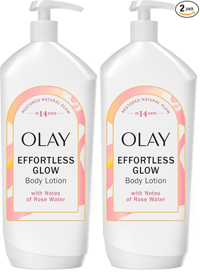 Olay Body Lotion for Women, Effortless Glow,Restore Natural Glow, 24hr Moisturizing & Deep Hydration, Absorbs Instantly, Penetrating Vitamin B3,For All Skin Types,Rose Water Scent,18 fl oz,(Pack of 2)
