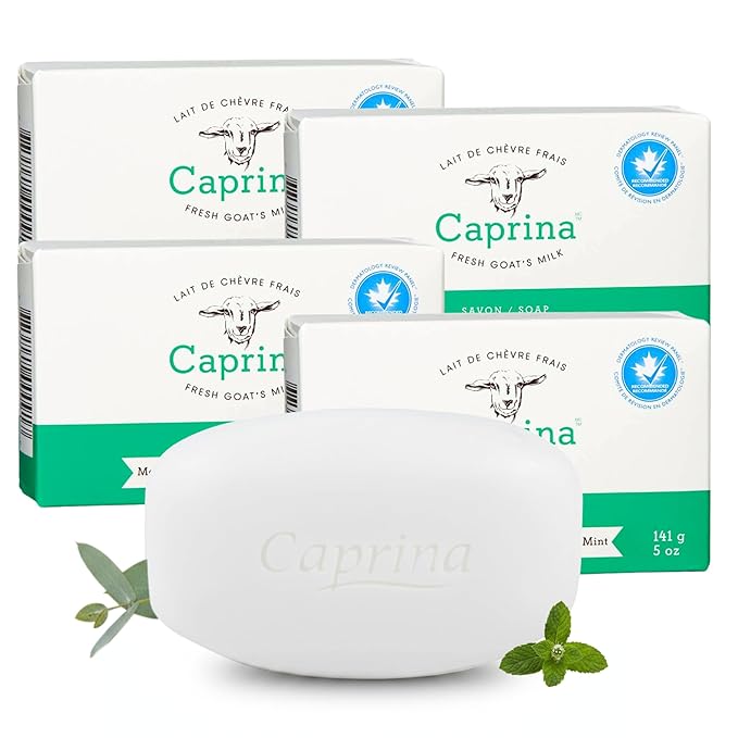 Caprina Goat Milk Bar Soap, EUCALYPTUS MINT, 5 oz (141 g), Natural Hand & Body Soap Bars, Moisturizing Bath Soap for Sensitive Skin with Vitamins B2 & B3, Eucalyptus Mint, 5 oz, 4-PACK