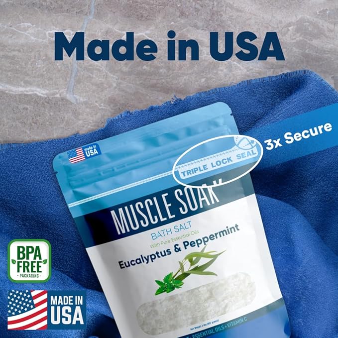 Muscle Soak Bath Salt 32 Ounces (2 Lbs) Epsom Salt with Natural Peppermint and Eucalyptus Essential Oils Plus Vitamin C in BPA Free Pouch with Easy Press Lock Seal Made in USA