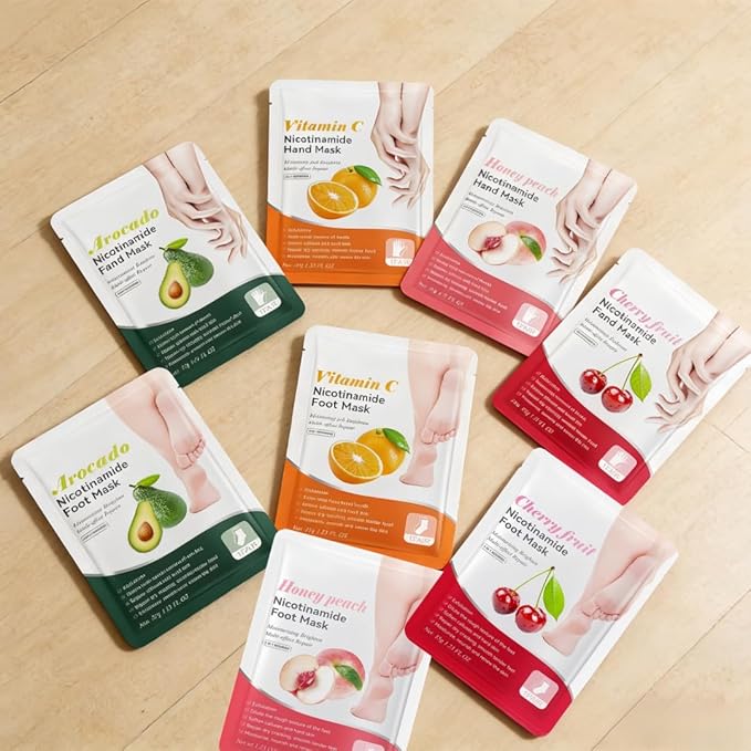 8 Piece At-Home Hand & Foot SPA Hydrating Mask Set (4 Hand + 4 Foot) - Avocado/Vitamin C/Peach/Cherry | Long-Lasting Moisture | Targets Dry Rough Skin | Self-Care Skincare
