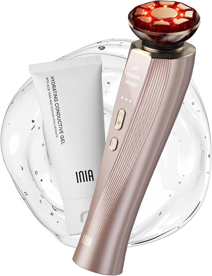 INIA Flare 3-in-1 Microcurrent Facial Device Red Light Therapy for Face and Neck Massager Tool with Heat & Vibration for Skincare Puffiness, Firming, Smoothing