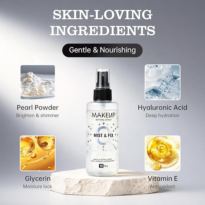 Setting Spray for Makeup, 16 Hr Long Lasting Fixing Spray Waterproof Transfer Resistant, Lightweight Hydrating Setting Mist with Shimmer Dewy Finish, Face Primer Make Up for All Skin Types, 3.72 Fl Oz