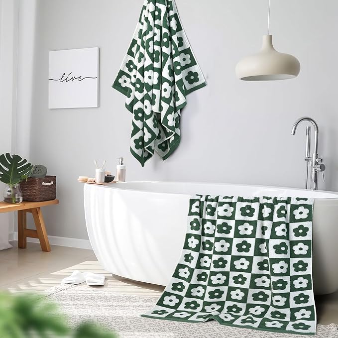 Jacquotha 2-Pieces Luxury Bath Towels Checkered Floral, Green Towels for Women Girls Shower Body 27.5x55 Inches, Cute Bathroom Decor, Cotton