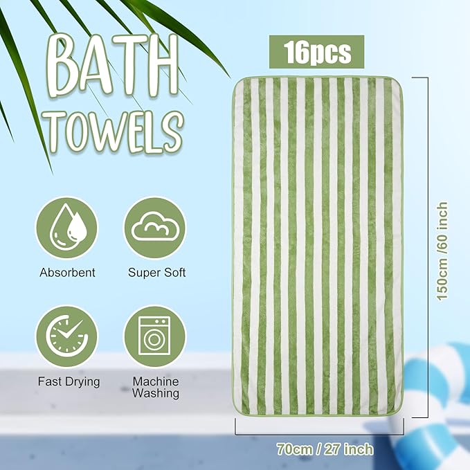SmoothNovelty 16 Pack Microfiber Bath Towels Bulk 27'' x 60'' Oversized Size Bath Towel Highly Absorbent Extra Large Soft Drying for Beach Shower Summer Salon Sport Gym Party (Stripe,Green)
