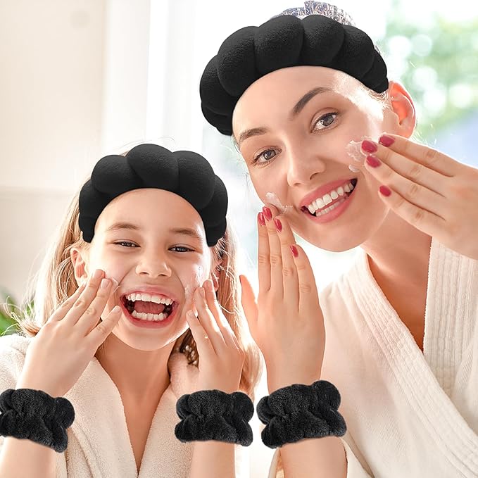 Zkptops Spa Headband for Washing Face Wristband Sponge Makeup Skincare Headband Terry Cloth Bubble Soft Get Ready Hairband for Women Girl Puffy Padded Headwear Non Slip Thick Hair Accessory(Black)