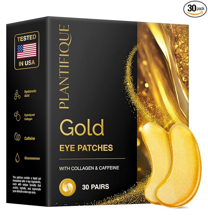 PLANTIFIQUE 24K Gold Eye Patches for Puffy Eyes | 30 Pairs | Gifts | Under Eye Masks for Dark Circles | Puffiness Eye Gels | Eye Mask Skincare