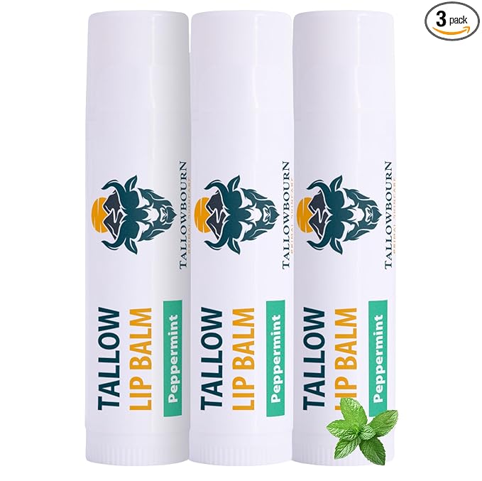 Moisturizing Tallow Lip Balm – Grass-Fed Beef Tallow with Organic Coconut Oil, Beeswax, and Vitamin E – Peppermint – Lip Balm Set – Travel Essential – 3-Pack