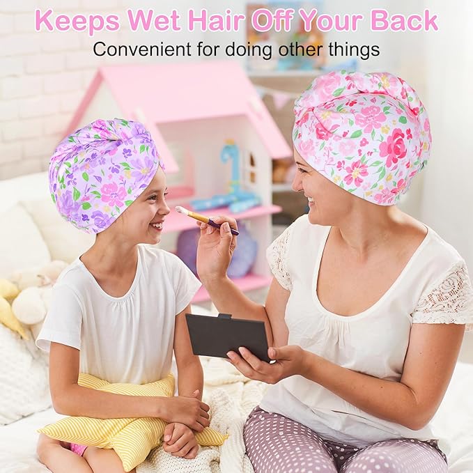Basumee Microfiber Hair Towel Wrap for Kids 2 Pack Rapid Drying Hair Towel with Button Hair Turbans for Wet Hair Wraps Head Towel Wrap for Women and Girls