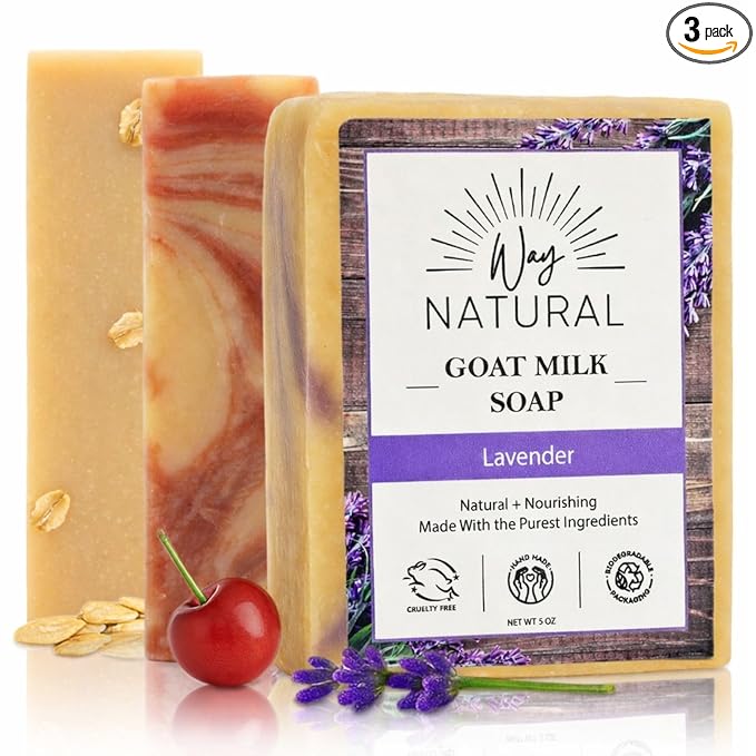Goat Milk Soap Bar Variety 3-Pack (5oz Bars) - Natural, Handmade, Gentle - Cold Process Goat Soap for Hands & Body, Women & Men, No Dyes, USA Made - Lavender, Cherry Almond, Honey Oatmeal