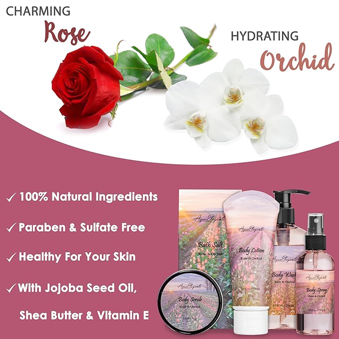 Aqua Elegante Spa Basket For Women - Deluxe Bath Set with Wash, Bubble Bath, Lotion, Salts, Body Scrub, Towel, Shower Puff, Bathbombs, Reusable Basket, Gifts for Mom, Wife, Her - Rose Oil & Orchid