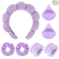 7Pc Puffy Spa Headband and Wristband Set for Washing Face, Skincare With Scrunchies, Powder Puffs, Sponge, Makeup Removal - Terry Cloth for Mask - Purple