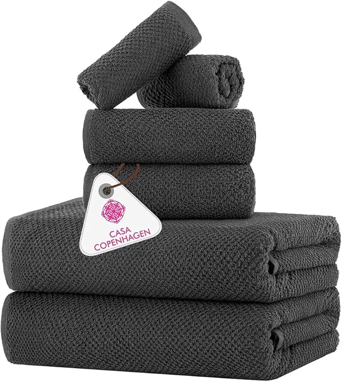 CASA COPENHAGEN EcoPop 6Pcs 100% Cotton Large Designer Towels Gift Set- Pine Grey, 550 GSM, 2Bath 2Hand 2Washcloths, Bath Towels for Bathroom Set for Women & Men