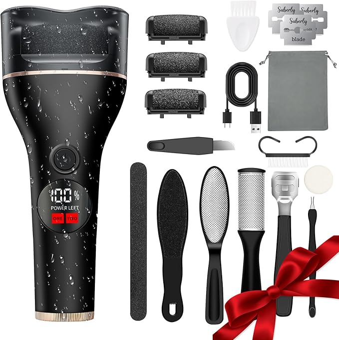 Electric Callus Remover for Feet, Rechargeable Waterproof Foot File Professional Foot Care Tools with 17-in-1 Pedicure Kit, Portable Callus Remover Kit to Remove Dead Skin Hard Skin Dry Cracks(Black)