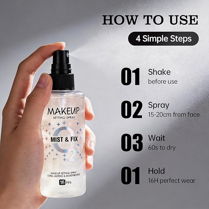 Setting Spray for Makeup, 16 Hr Long Lasting Fixing Spray Waterproof Transfer Resistant, Lightweight Hydrating Setting Mist with Shimmer Dewy Finish, Face Primer Make Up for All Skin Types, 3.72 Fl Oz