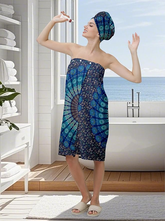 Women's Spa Bath Towel Wrap Set with Hair Turban, Blue Peacock Mandala Pattern, 31.5x59 Inches