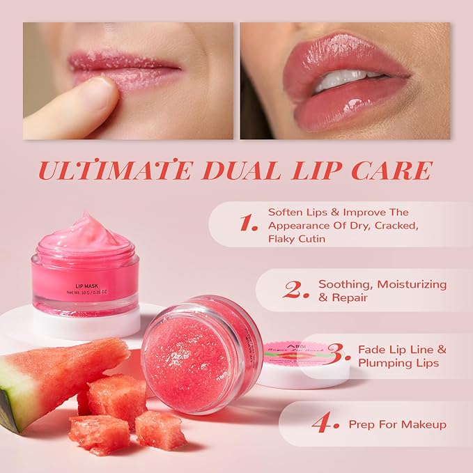 Hydrating Lip Mask Set, Lip Scrub & Lip Butter, Overnight Lip Treatment Set Enriched With Ceramide, Watermelon and Shea Butter, For A Softer & Smoother Lips, Overnight Lip Mask Mothers Day Gifts