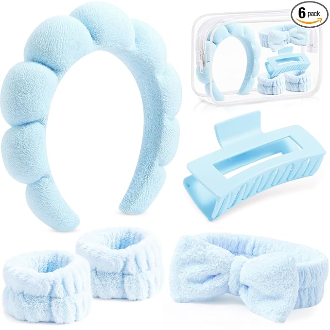 SPA Headbands and Wristband Set for Face Washing with Clear Bag Cute Skincare Makeup Headband Wrist Bands Hair Clips for Women Teenage Girls Gifts Trendy Stuff Blue