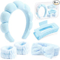SPA Headbands and Wristband Set for Face Washing with Clear Bag Cute Skincare Makeup Headband Wrist Bands Hair Clips for Women Teenage Girls Gifts Trendy Stuff Blue
