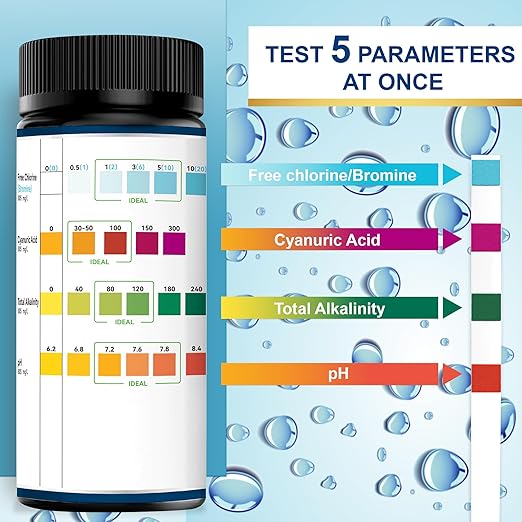 Pool Test Strips,100 Strips Pool and Hot Tub Test Strips, Swimming Pool Test Strips for Total Alkalinity, pH, Free Chlorine(Bromine),Cyanuric Acid-Pool Spa Water Test -Quick and Accurate Results