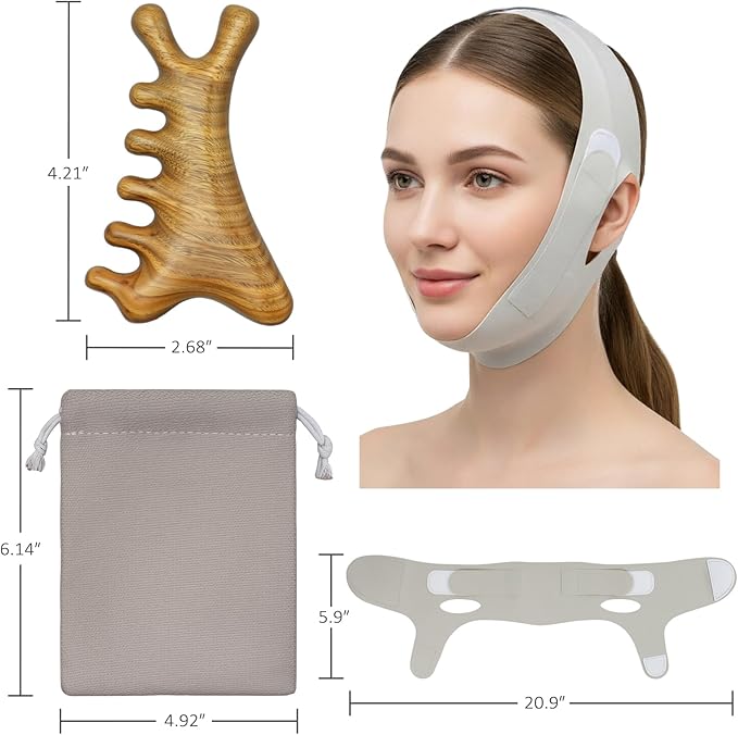 4 in 1 Gua Sha Tool for Face & V Line Lifting Mask, 2Pcs: Natural Green Sandalwood Massage Comb for Body Neck Eye & Green Chin Strap for Sleeping, Scalp Massage, Jaw Lifting, Skin Care Gift for Women