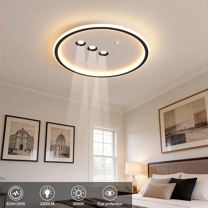 Shine LUEST Modern Round LED Flush Mount Ceiling Light with Black Finish & 3 Adjustable Spotlights, Dimmable Soft Glow Ceiling Lighting for Living Room Bedroom Hallway