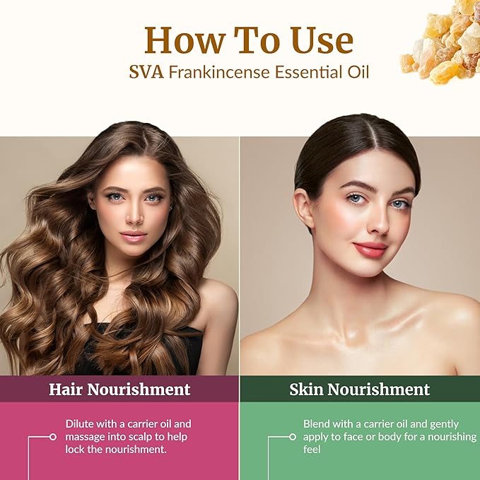SVA Frankincense Essential Oil – 1 Fl Oz – 100% Natural Boswellia Serrata Oil - for Diffuser, Hair Care, Face, Skin Care, Aromatherapy, Scalp and Body Massage, Soap and Candle Making - with Dropper