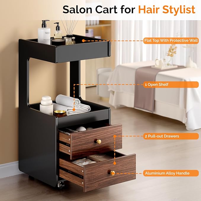 Salon Trolley Cart, Esthetician Cart with 2 Drawer & 2 Trays, 2 Lockable Wheels Hair Styling Station, Tool Organizer Storage Cabinet for Beauty Spa Barbershop, Black Walnut