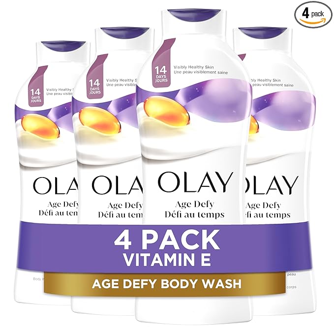 Olay Body Wash for Women, Age Defying with Vitamin E, 24hr Moisturizing, Hydrating & Refreshing, B3 Vitamin Complex, Free of Parabens & Phthalates, for All Skin Types, Scented, 22 fl oz (Pack of 4)