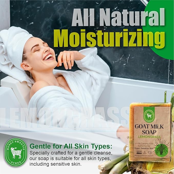 Honey Sweetie Acres Lemongrass Goat Milk Soap - Handmade 5 oz Bar, Made with Natural Ingredients, Moisturizing & Gentle, Made in the USA