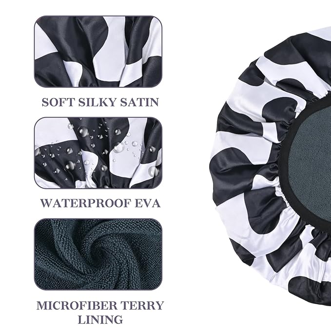 Black Cow Print Satin Shower Cap, Three-Layer Terry Cloth Lined, with Silk Hair Ties, Microfiber Waterproof Reusable Large Size Shower Cap for Women Long Thick Hair