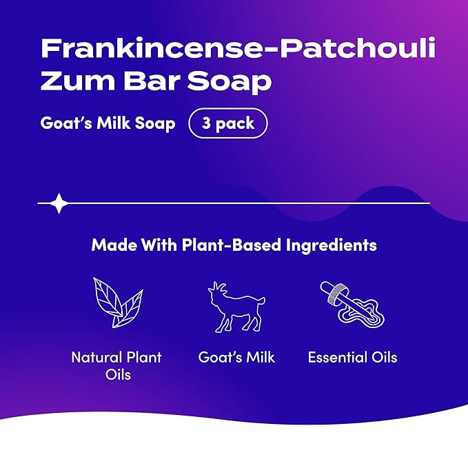 Zum Indigo Wild Goat's Milk Soap Bar - Bar Soap for Hands & Body Made with Essential Oils - 3 oz - Frankincense Blends (3 Pack)