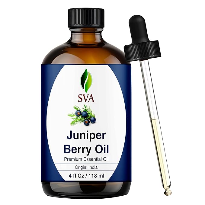 SVA Juniper Berry Essential Oil – 4 Fl Oz – 100% Natural Juniper Oil - for Diffuser, Hair Care, Face, Skin Care, Aromatherapy, Scalp and Body Massage, Soap and Candle Making – with Dropper