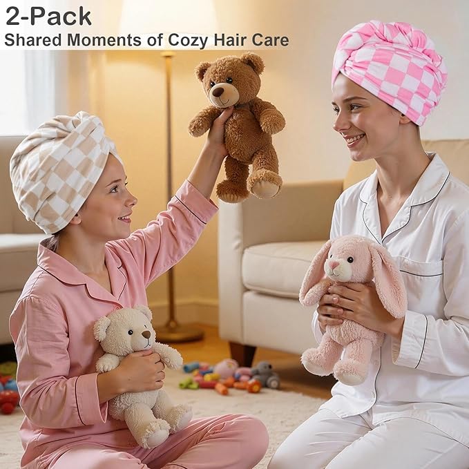 2 Pack Microfiber Hair Towel Wrap for Girls, Quick Dry Hair Turban for Kids, Absorbent Frizz-Free Hair Drying Towel with Button for Long Thick Curly Hair, Pink Brown Checkered