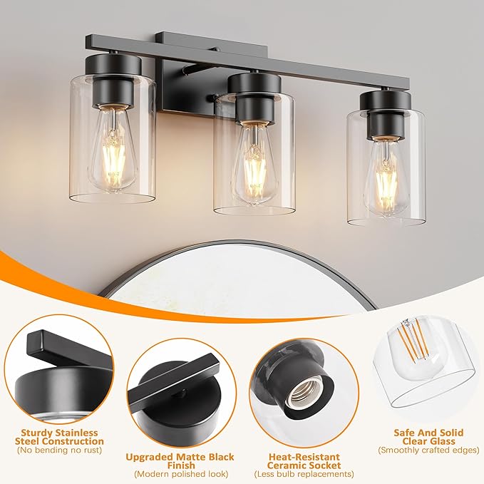 PARTPHONER 3-Light Bathroom Light Fixtures, Matte Black Vanity Light with Clear Glass Shade, Modern Wall Sconce for Mirror Bedroom Living Room Hallway Lighting