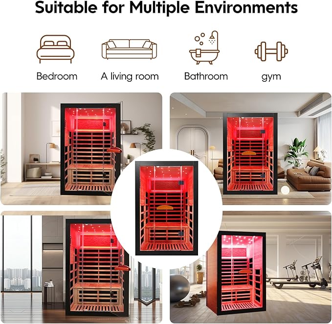 OUTEXER Infrared Sauna 2000W Wooden Saunas Home Spa Room Wood Low-EMF Indoor Saunas with with 7 Color Starry Sky Ceiling Light for Two Person 74.8 * 47.2 * 41.3Inch