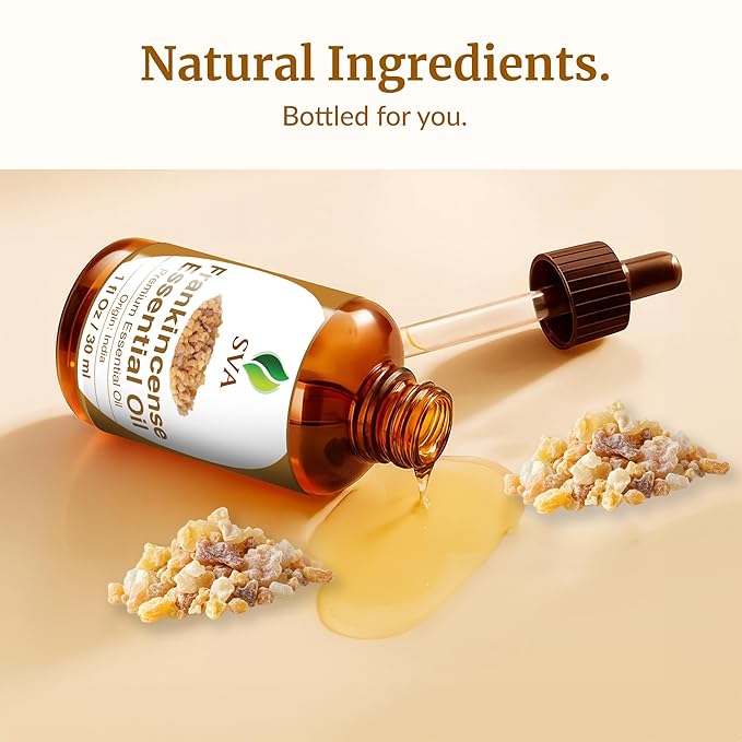 SVA Frankincense Essential Oil – 1 Fl Oz – 100% Natural Boswellia Serrata Oil - for Diffuser, Hair Care, Face, Skin Care, Aromatherapy, Scalp and Body Massage, Soap and Candle Making - with Dropper