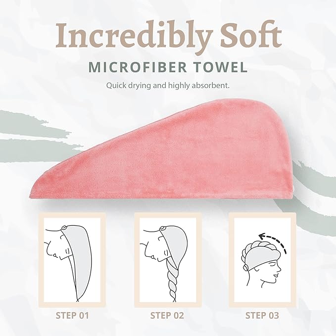 Microfiber Hair Towel Wrap, Super Absorbent Twist Turban Dry Hair Cap with Button Loop Fasten