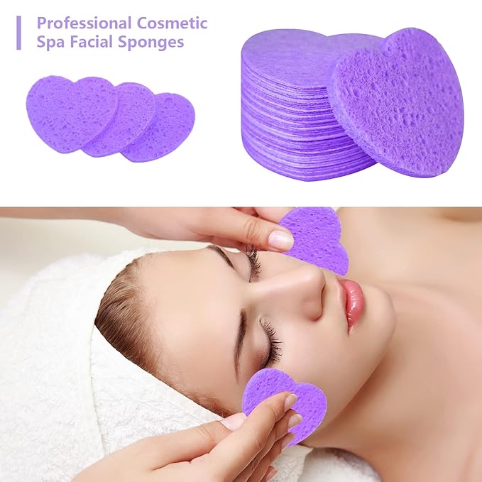 100-Count Compressed Facial Sponges for Estheticians Heart Shape Natural Cellulose Sponge Professional Cosmetic Spa Sponges for Face Cleansing, Massage, Pore Exfoliating, Mask, Makeup Removal, Purple