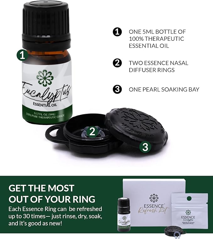 Essence Wearable Aromatherapy Nasal Diffuser – Eucalyptus Essential Oil Nose Ring Silicone Inhaler for Stress & Mood Support - Made in USA & Travel-Friendly