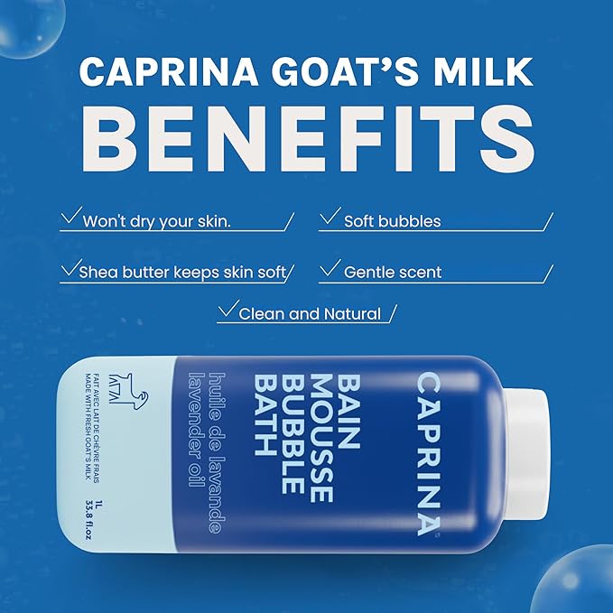 Caprina Fresh Goat’s Milk Bubble Bath, 1L, Hydrating Relaxing Foam Bath, Moisturizing and Gentle on Skin, Made in Canada (Lavender Oil)