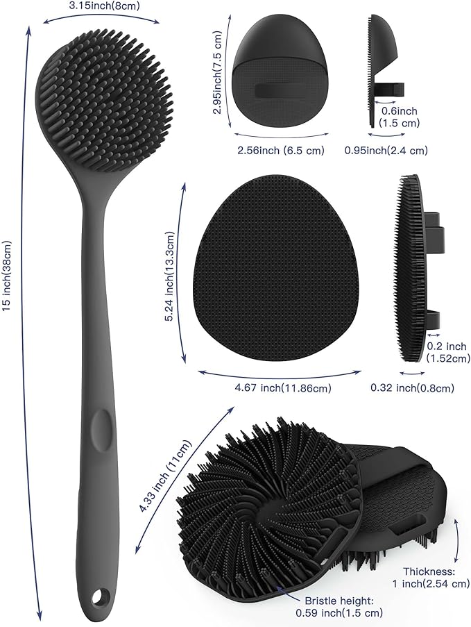 Manmihealth Silicone Back Scrubber & Soft Bath Glove Set 4 PCS(Thick Bristles), Super-Exfoliating Body Scrubber & Super-Lathering Shower Brush Combination, with 2 Adhesive Hooks (Black)