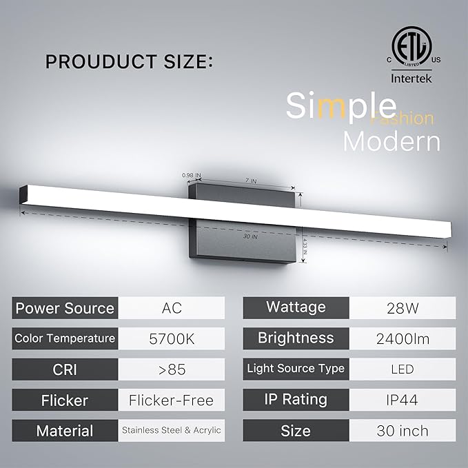 30Inch LED Bathroom Vanity Light Bar 5700K Dimmable Led Bathroom Light Over Mirror Modern Bath Wall Light Cool White ETL Certified 28W