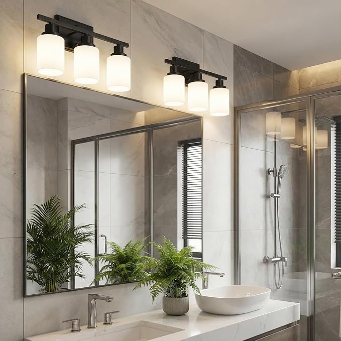 Ascher Bathroom Light Fixtures, 3-Light Vanity Light Over Mirror, Modern Matte Black Wall Sconces with Milky White Shades, Wall Lamp for Kitchen Hallway Cabinet Porch E26 Base