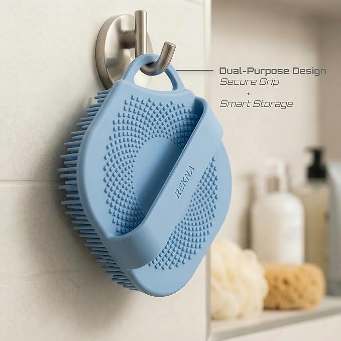 Silicone Body Scrubber for Shower - Exfoliating Body Brush with Non-Slip Grip - Durable Loofah Alternative - Soft Bristles for Gentle Cleansing, High Lather & Quick Drying, Blue