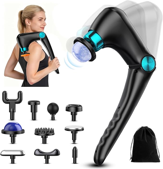 Back Massager with Heat & Cold Therapy, Foldable Deep Tissue Massage Gun for Back & Shoulders, Cordless Percussion Massager for Pain Relief, 9 Speeds, 10 Heads