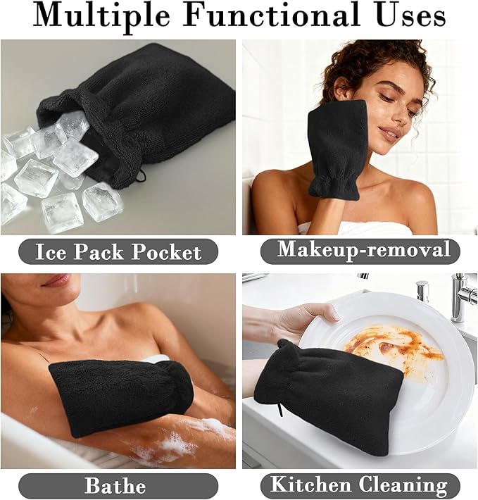 VOOVA & MOVAS Black Washcloths for Body 6PC, 8.3"x6.3" - 100% Cotton,Soft Absorbent Bath Mitt Wash Cloths with Hanging Loop, Bath Mitts for Shower