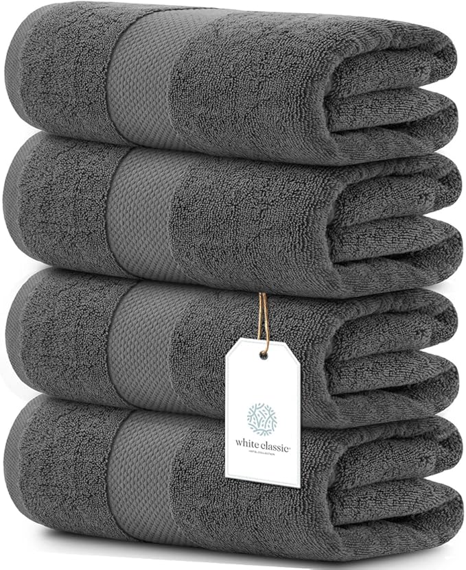 White Classic Luxury Bath Towels Extra Large - Cotton Hotel spa Bathroom Towel |30x56 | 4 Pack | Dark Gray